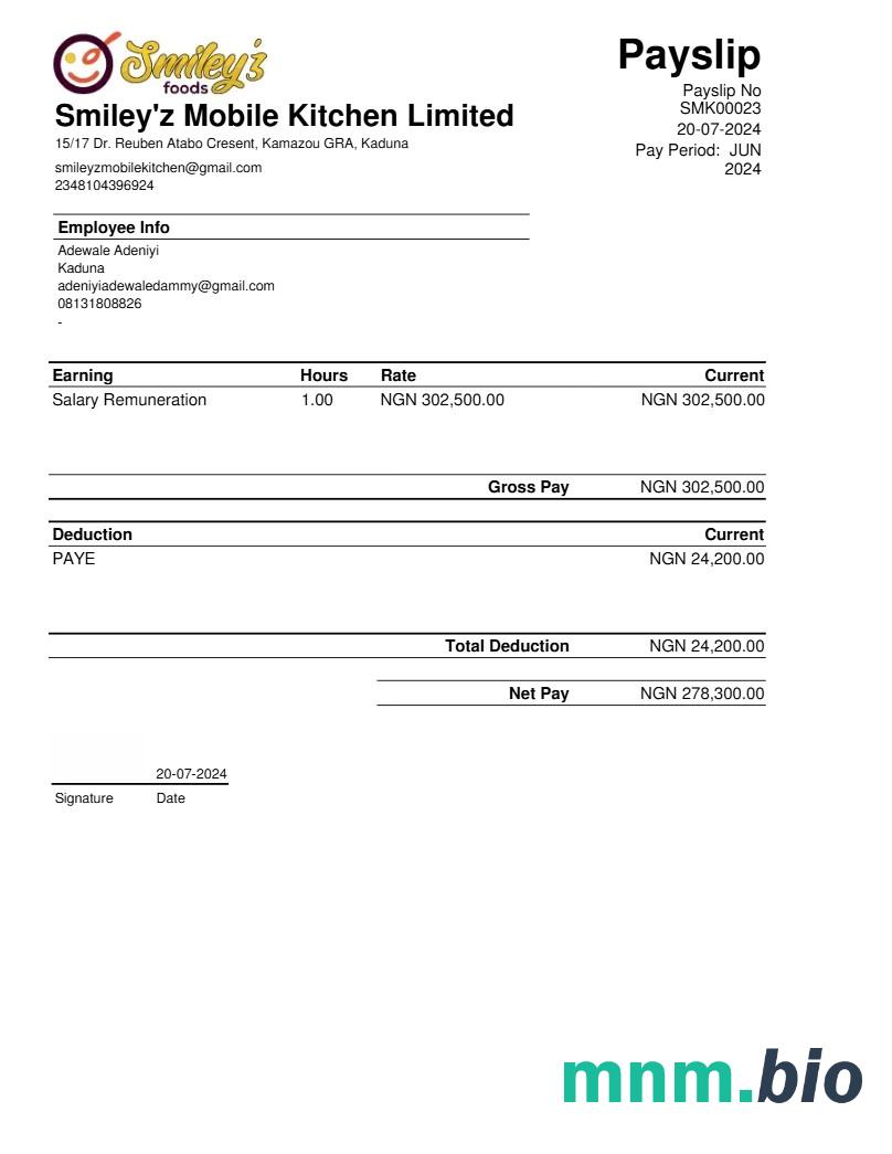 Smiley' z Mobile Kitchen payslip template w formatach Word i PDF